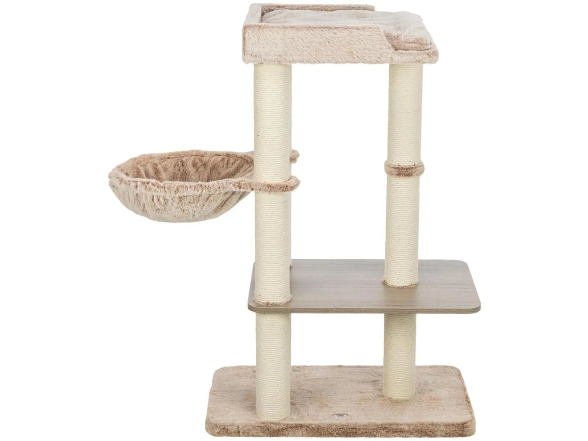 Trixie Sienna kattetre i beige plysj og sisal, med flere nivåer, klorestolper og en hengekøye.