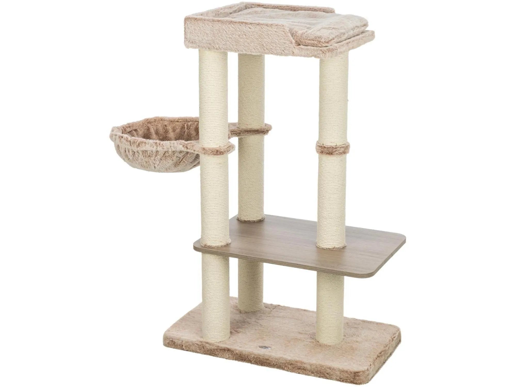 Trixie Sienna kattetre i beige plysj og sisal, med flere nivåer, hule og hengekøye.