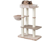 Beige Trixie Sienna kattetre med sisalstolper, myke plattformer, hengekøye og en katt på toppen.