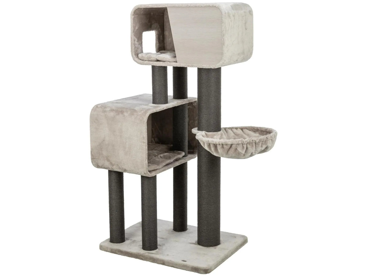 Stort Trixie kattetre XXL Rafael i beige plysj og grå sisal, med huler, liggeflater og kurv.