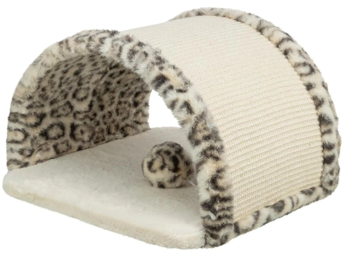 Trixie Leo klørebue for katt, leopardmønstret plysj og beige sisal med lekeball.