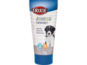 Trixie Junior leverpaté for valper, 75g tube med blå topp og bilde av en Border Collie valp.
