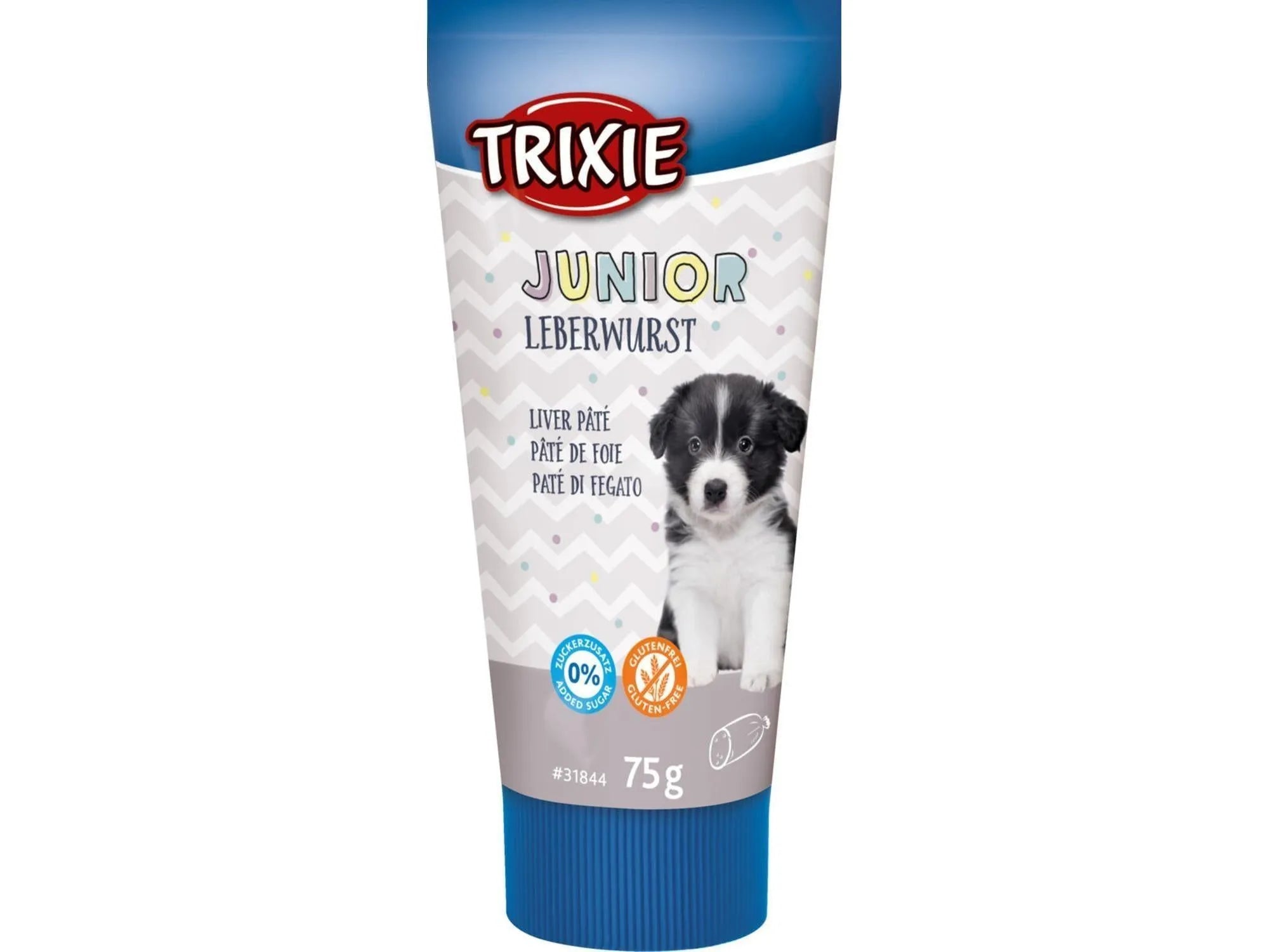 Trixie Junior leverpaté for valper, 75g tube med blå topp og bilde av en Border Collie valp.
