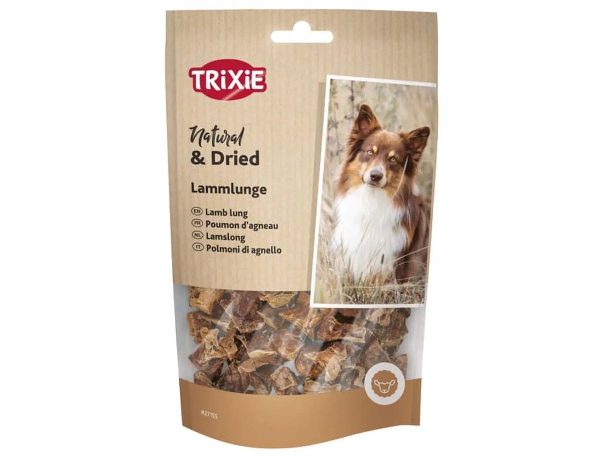 Trixie tørket lammelunge hundegodbiter i en 100g brun og gjennomsiktig pose med bilde av en hund.