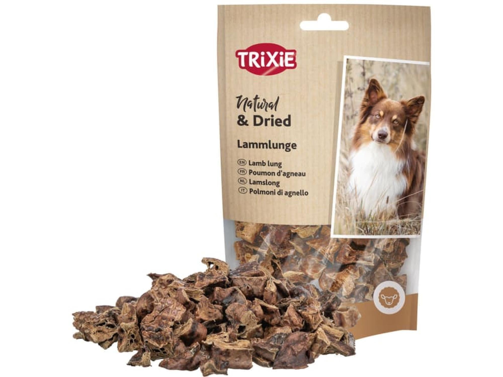 Trixie tørket lammelunge hundegodbiter i brun pose med bilde av hund og godbiter.