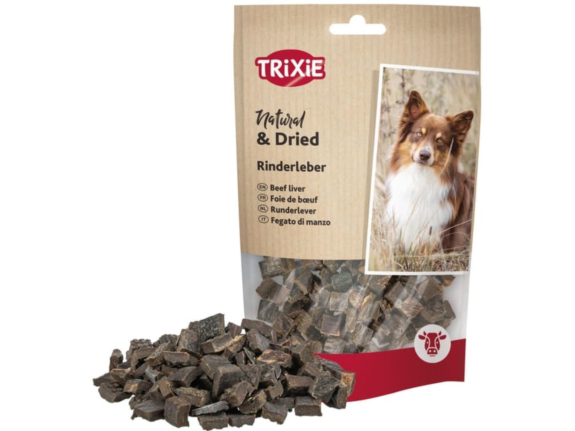 Trixie tørket okselever hundegodbiter i en 100g pose med en hund og mørke, kubeformede godbiter.