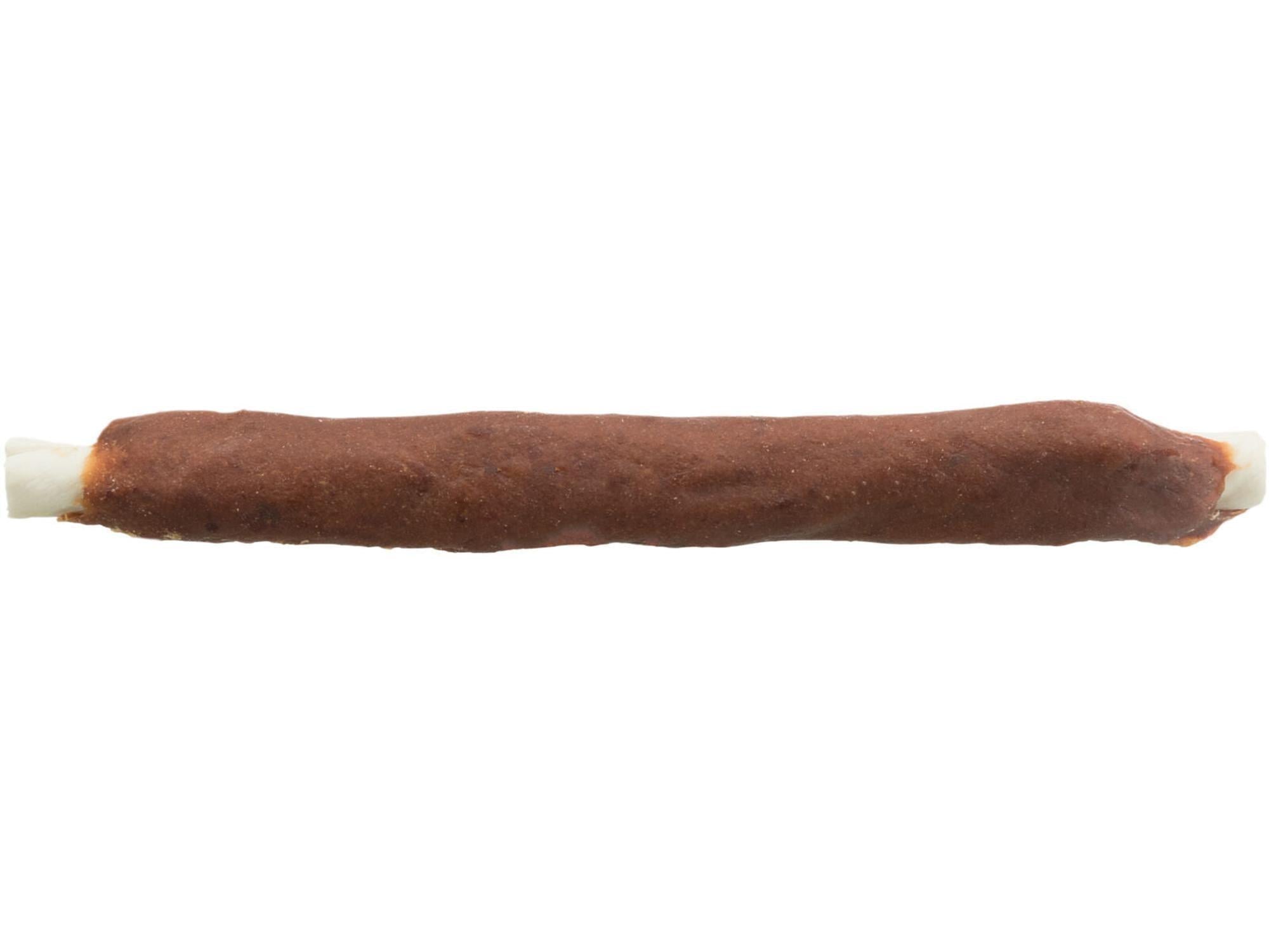 En Trixie tyggerull natur med kanin, ca. 12 cm lang, med hvit råhud og mørkebrunt kaninkjøtt.