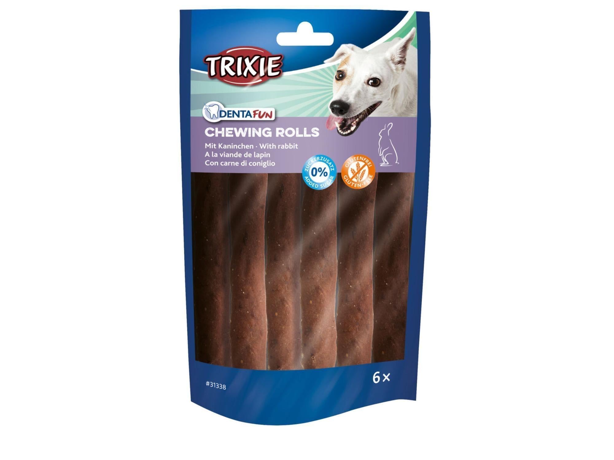 Trixie Denta Fun tyggeruller med kanin, 6 stk, i blå emballasje med hundemotiv.