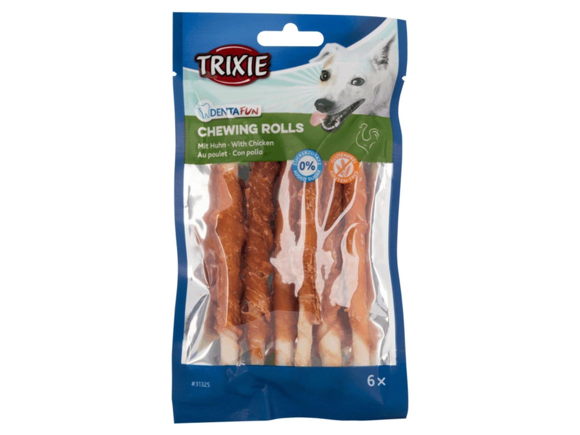 Trixie Denta Fun tyggeruller med kyllingfilet, 6 stk, i blå og hvit emballasje.