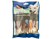 Trixie DentaFun Chewing Roll Mix med kylling, lam og biff i klar pose med hundebilde.
