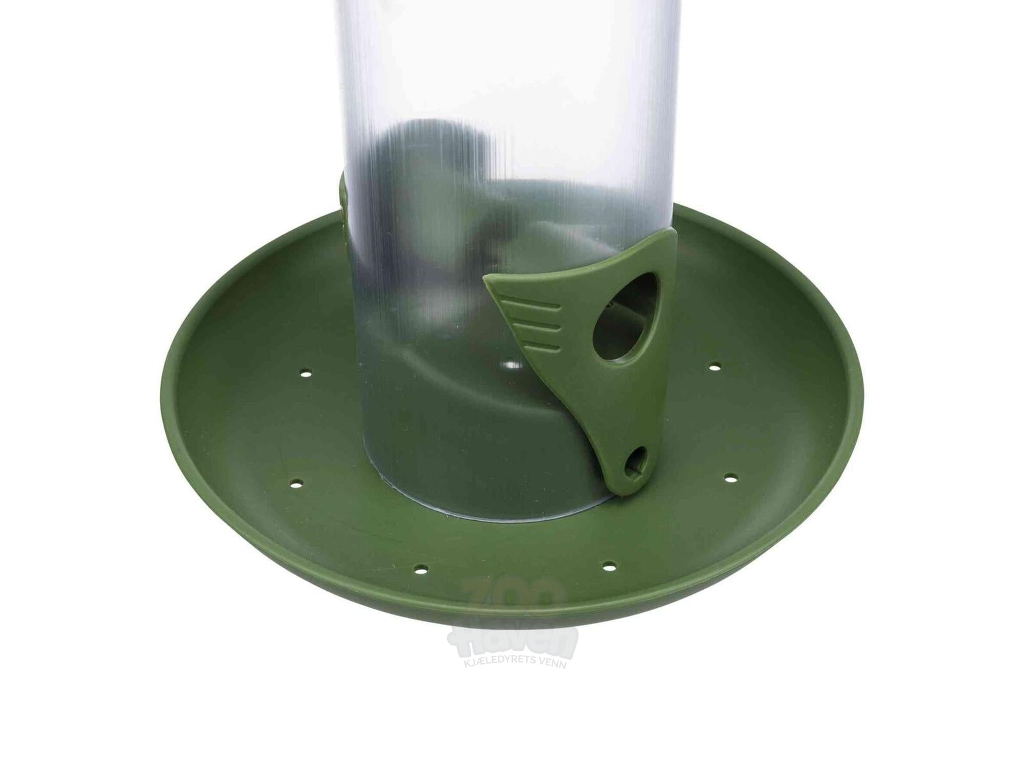 Trixie søyleformet fuglemater i grønn og gjennomsiktig værbestandig plast, 500ml, med avtagbart lokk.