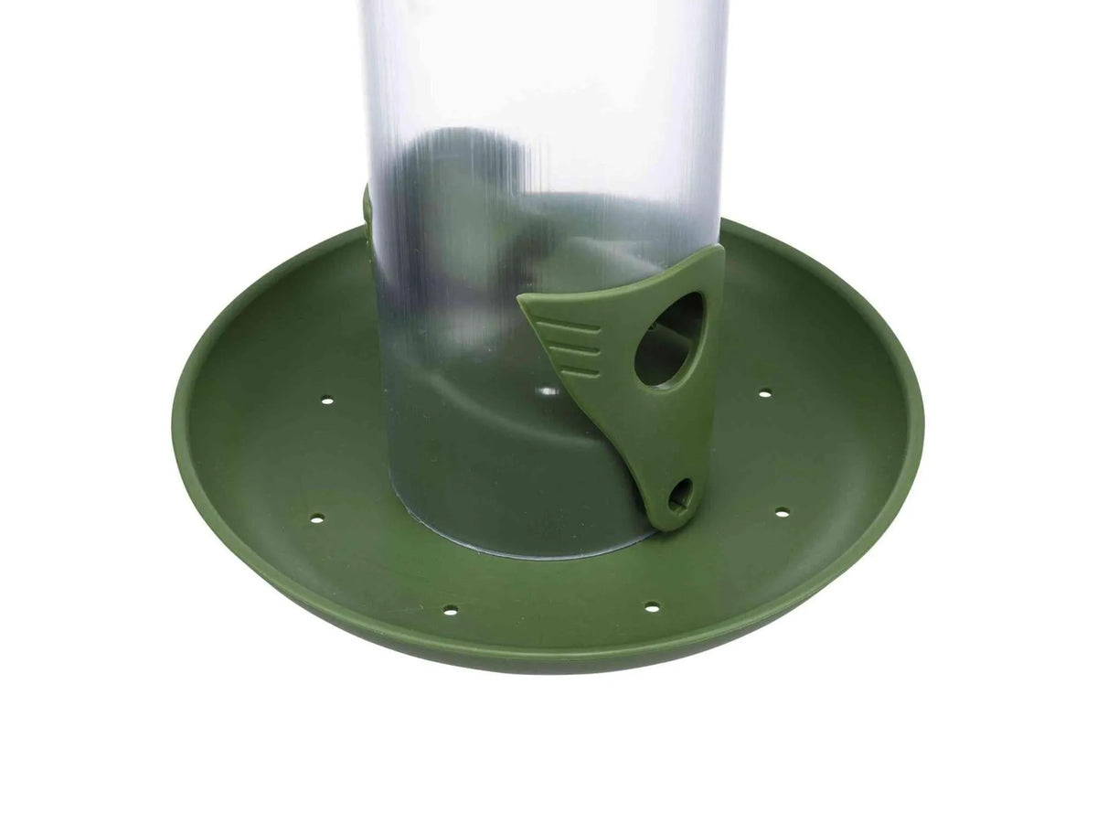Trixie søyleformet fuglemater i grønn og gjennomsiktig værbestandig plast, 500ml, med avtagbart lokk.