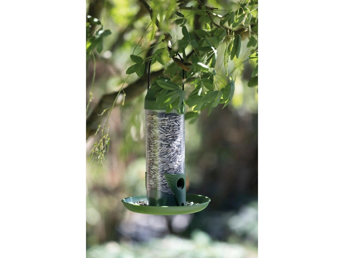 Grønn Trixie søyleformet fuglemater i værbestandig plast, 22 cm, fylt med solsikkefrø, henger fra en gren.