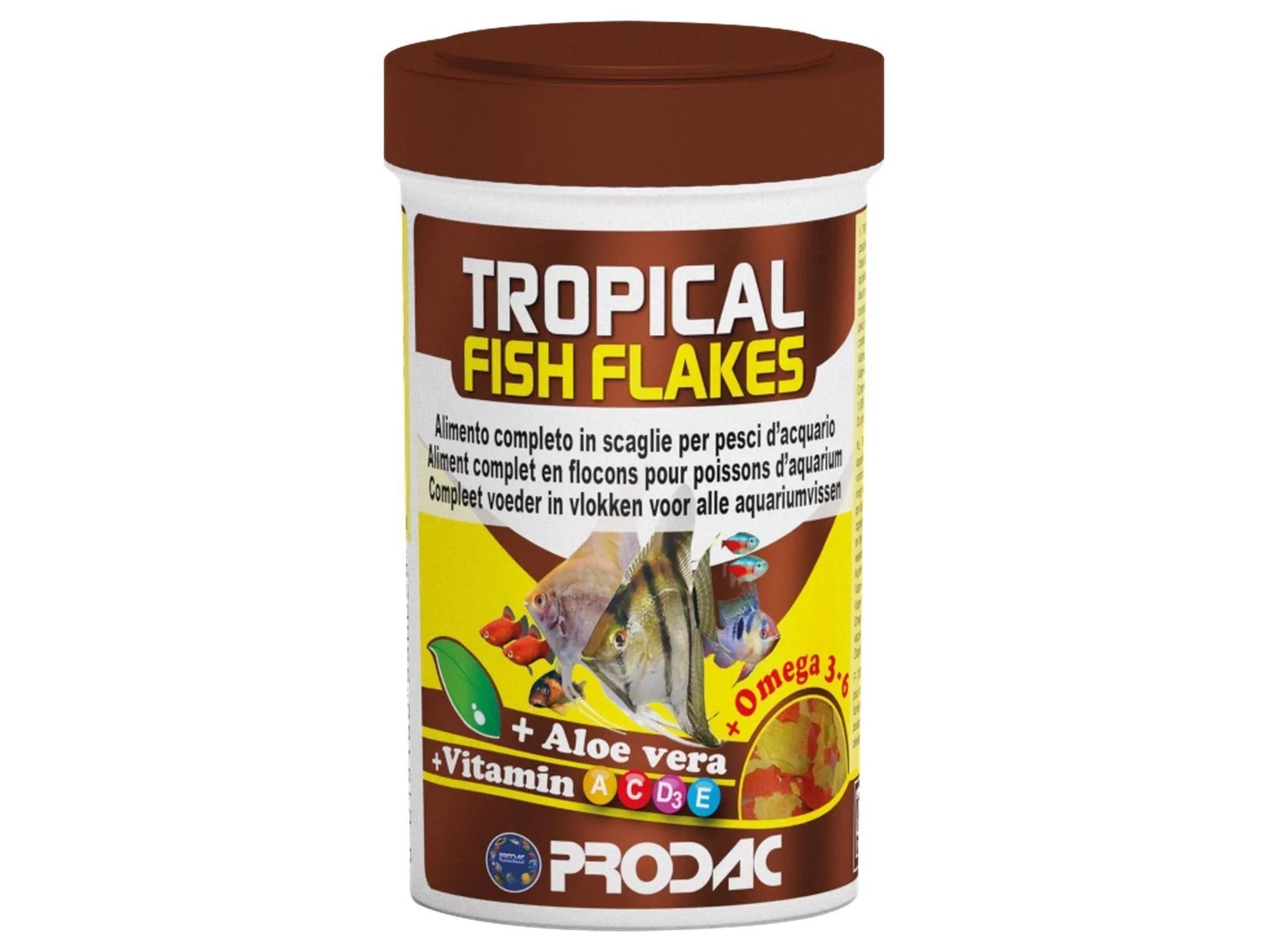 Prodac Tropical Fish Flakes 12gr container with colorful fish, aloe vera, and vitamin details.