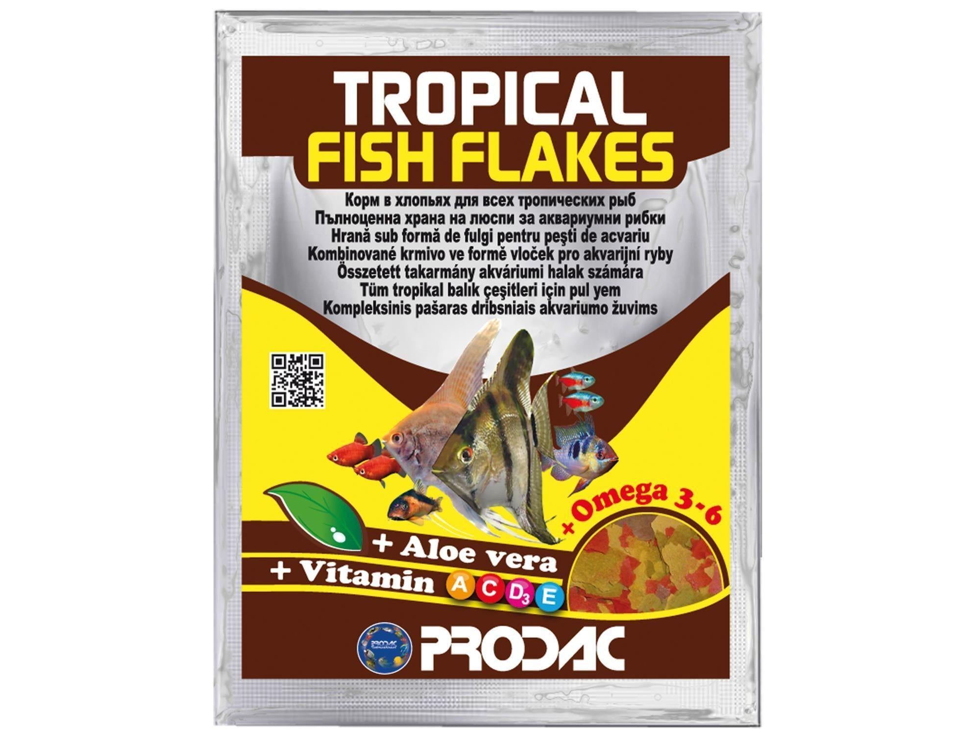 Prodac Tropical Fish Flakes 12gr-10kg, colorful packaging with fish, aloe vera, and vitamins.