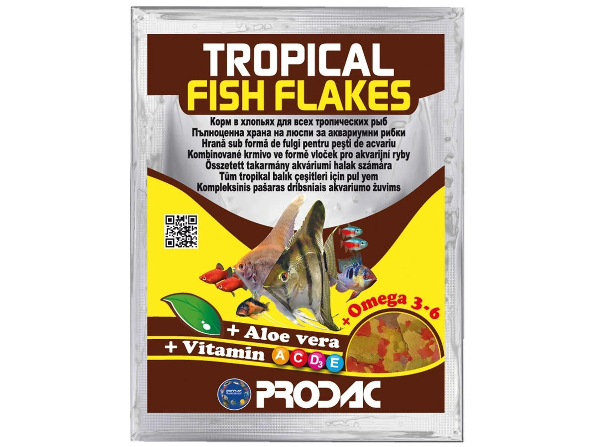Prodac Tropical Fish Flakes 12gr-10kg, colorful packaging with fish, aloe vera, and vitamins.