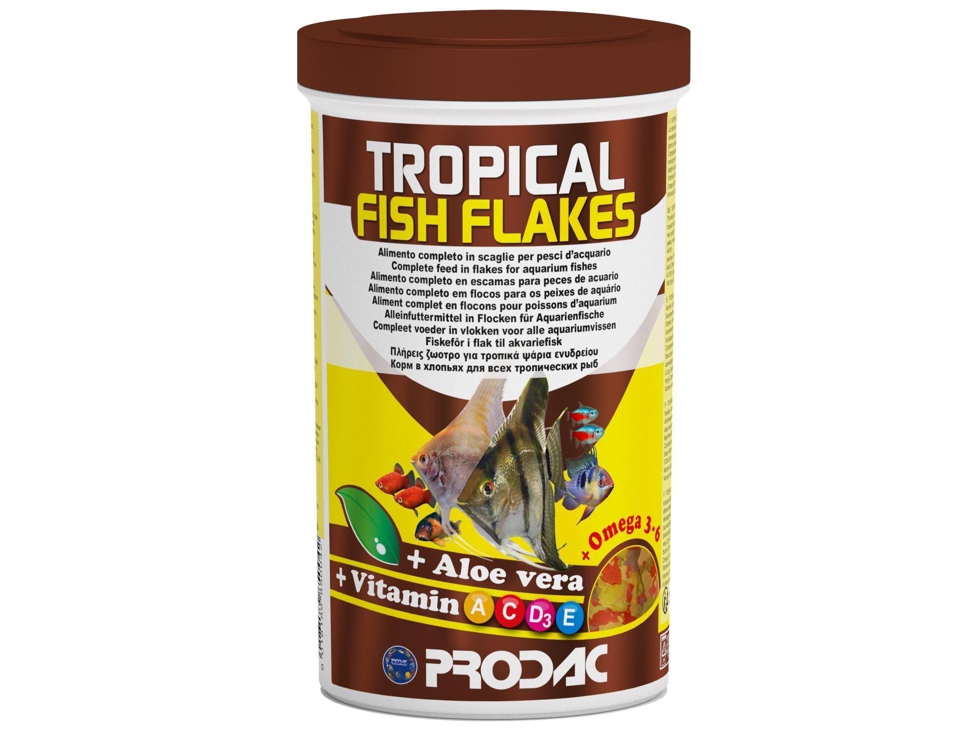Prodac Tropical Fish Flakes 12gr container with colorful fish, aloe vera, and vitamin details.