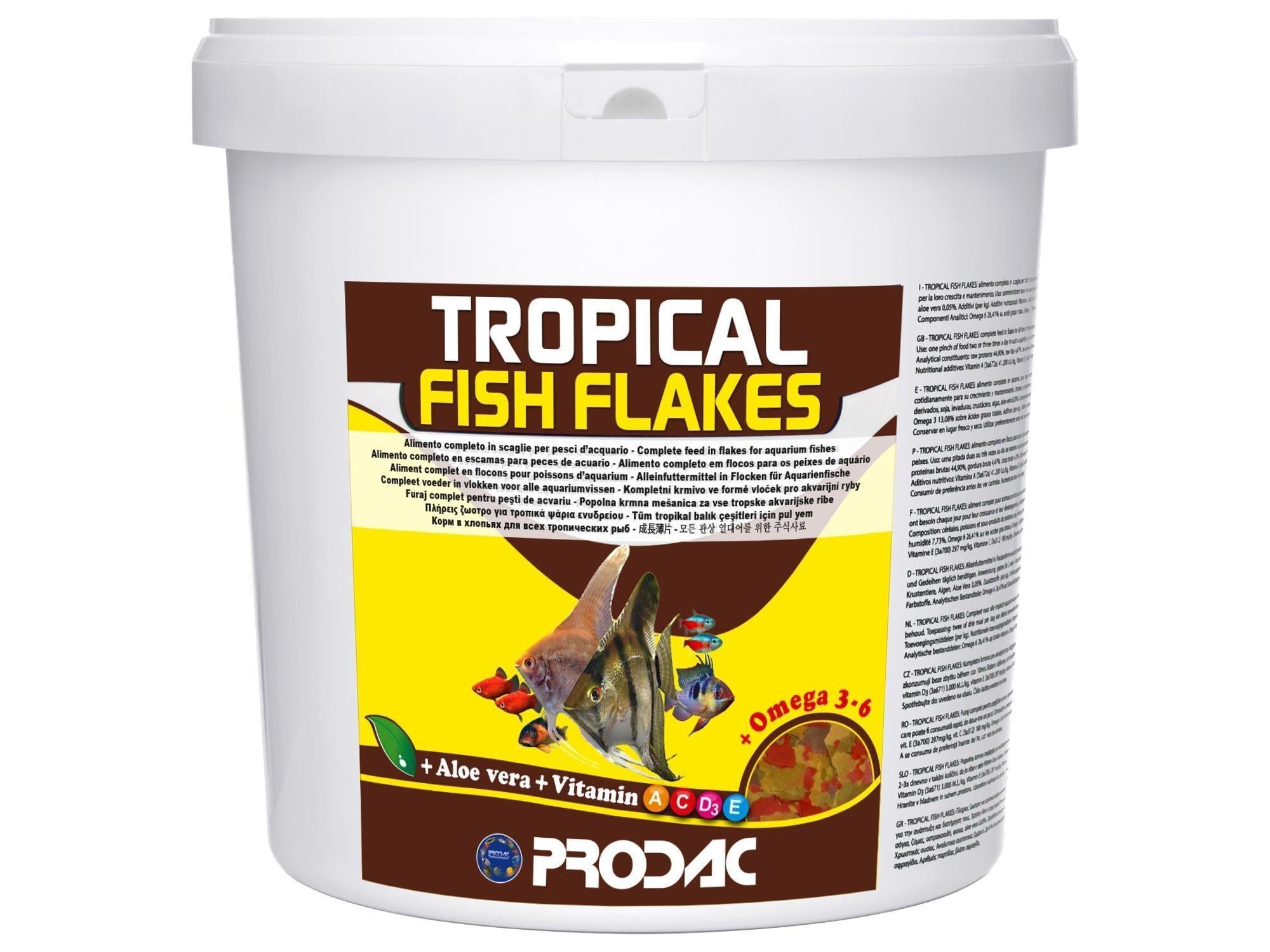Prodac Tropical Fish Flakes 12gr-10kg bucket with colorful fish, "Omega 3-6", and "+ Aloe vera + Vitamin A C D E" text.