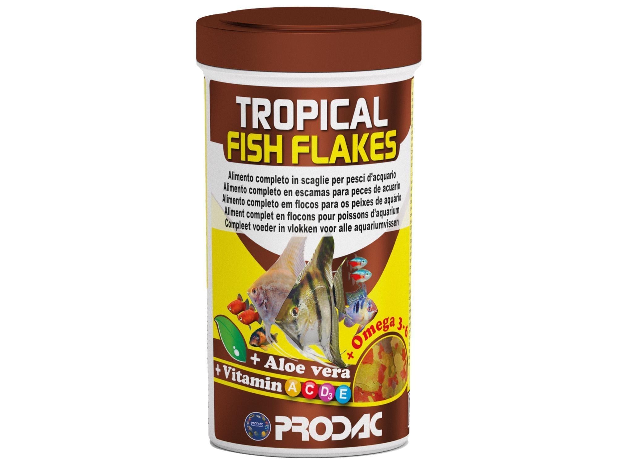 Prodac Tropical Fish Flakes 12gr container with brown lid, yellow label, and colorful fish.