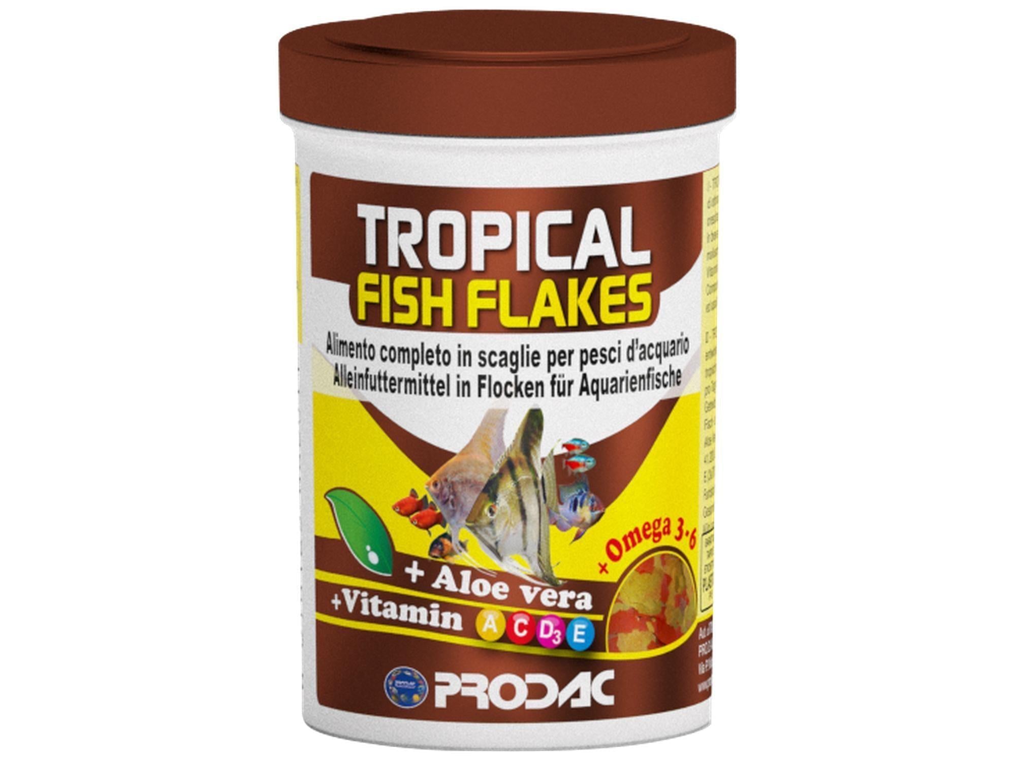 Prodac Tropical Fish Flakes 12gr container with brown lid, featuring fish, aloe vera, and vitamin details.