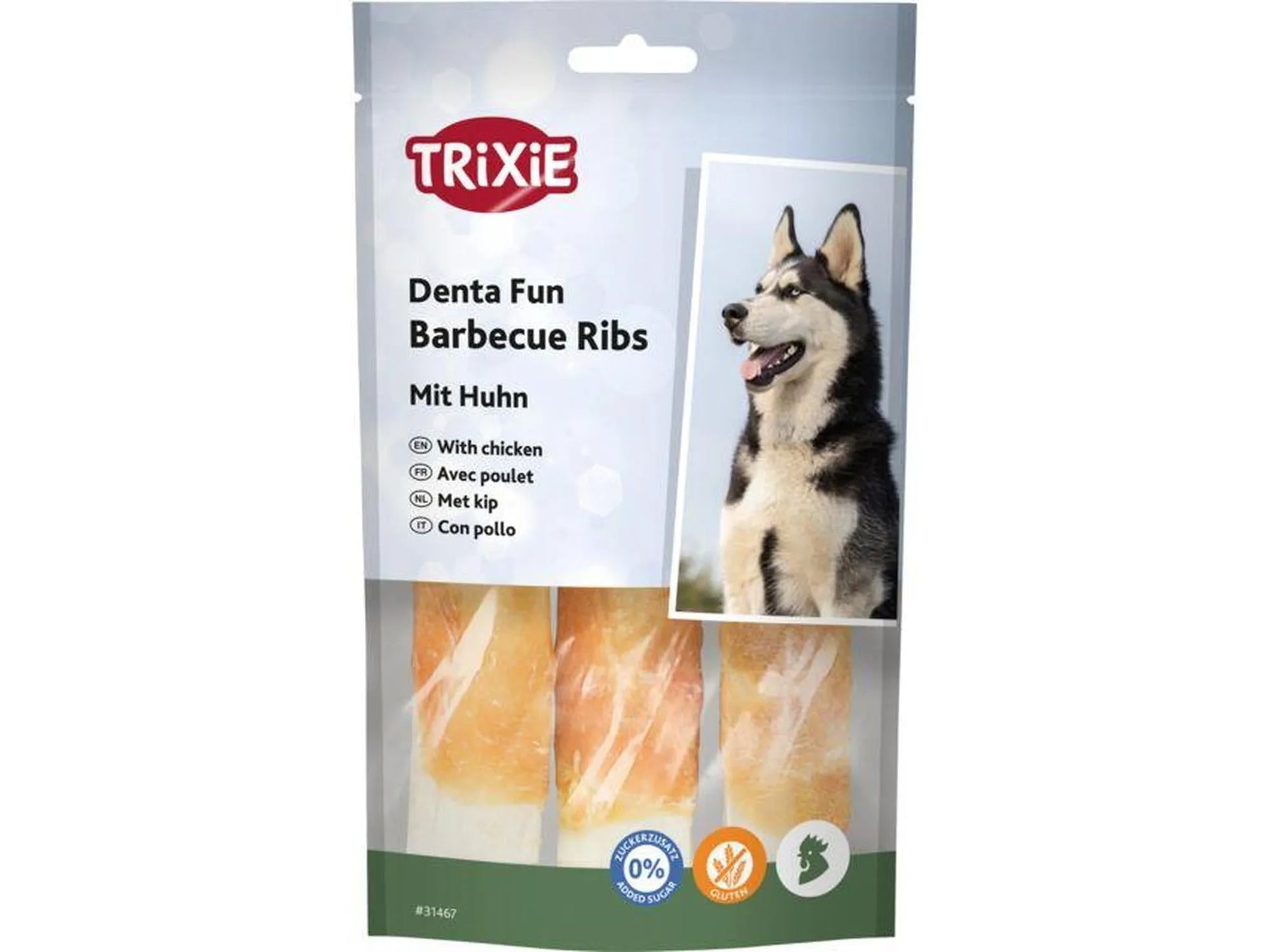 Trixie Denta Fun Barbecue Ribs hundegodbit med kylling, 3 stk. i emballasje med husky.