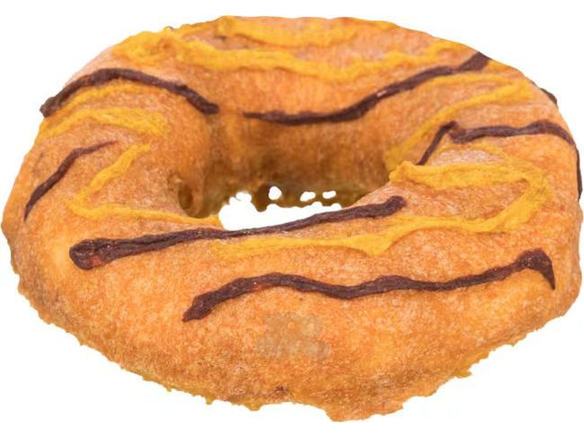 En oransje tyggering for hund, formet som en donut med mørkebrune og gule striper.