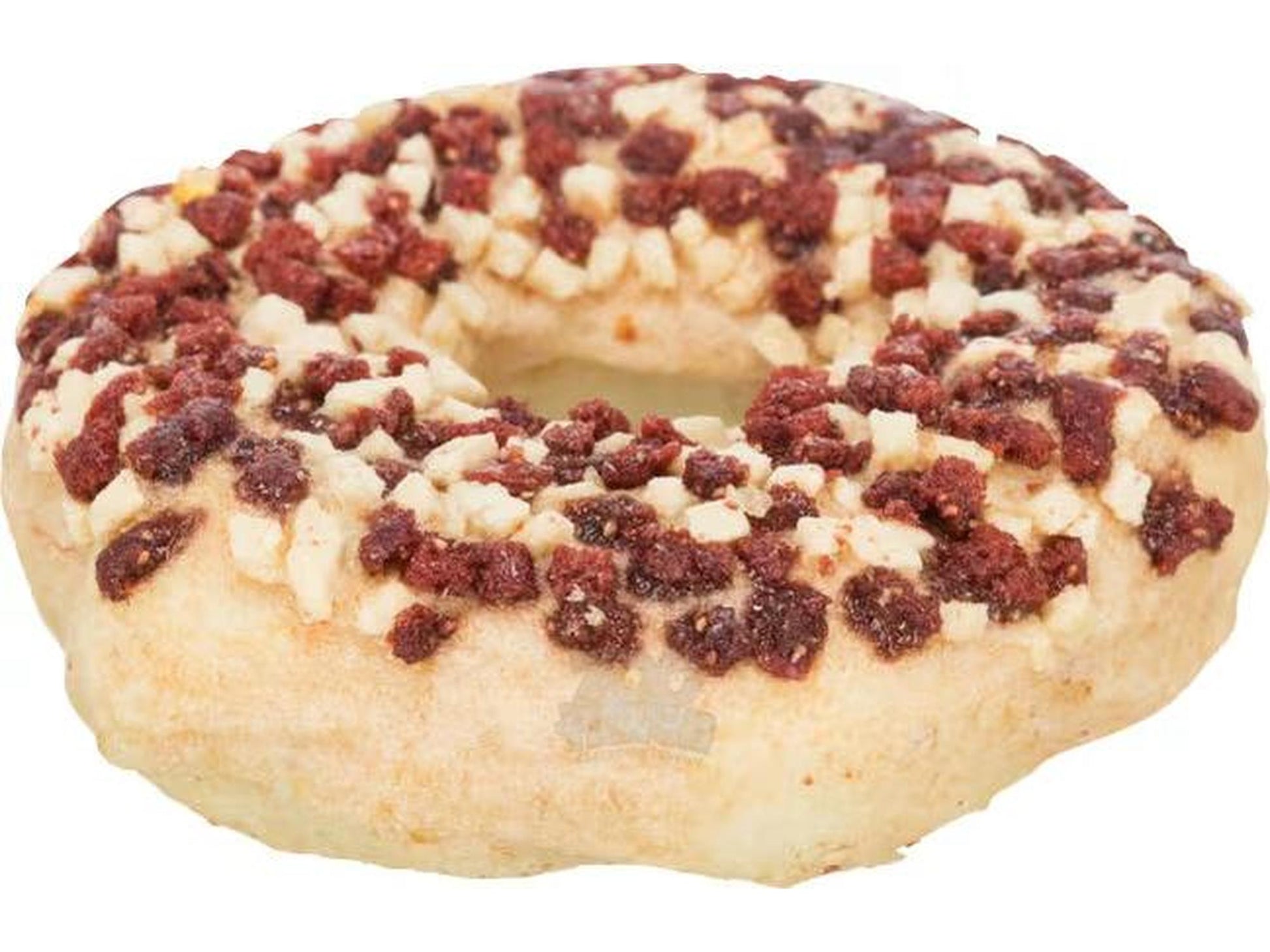 Råhud tyggering for hund, donut-formet med rødbrune og lyse biter på toppen.