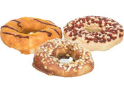 Tre assorterte Tyggering Donuts for hund, med ulike smaker og fargerike strøssel.