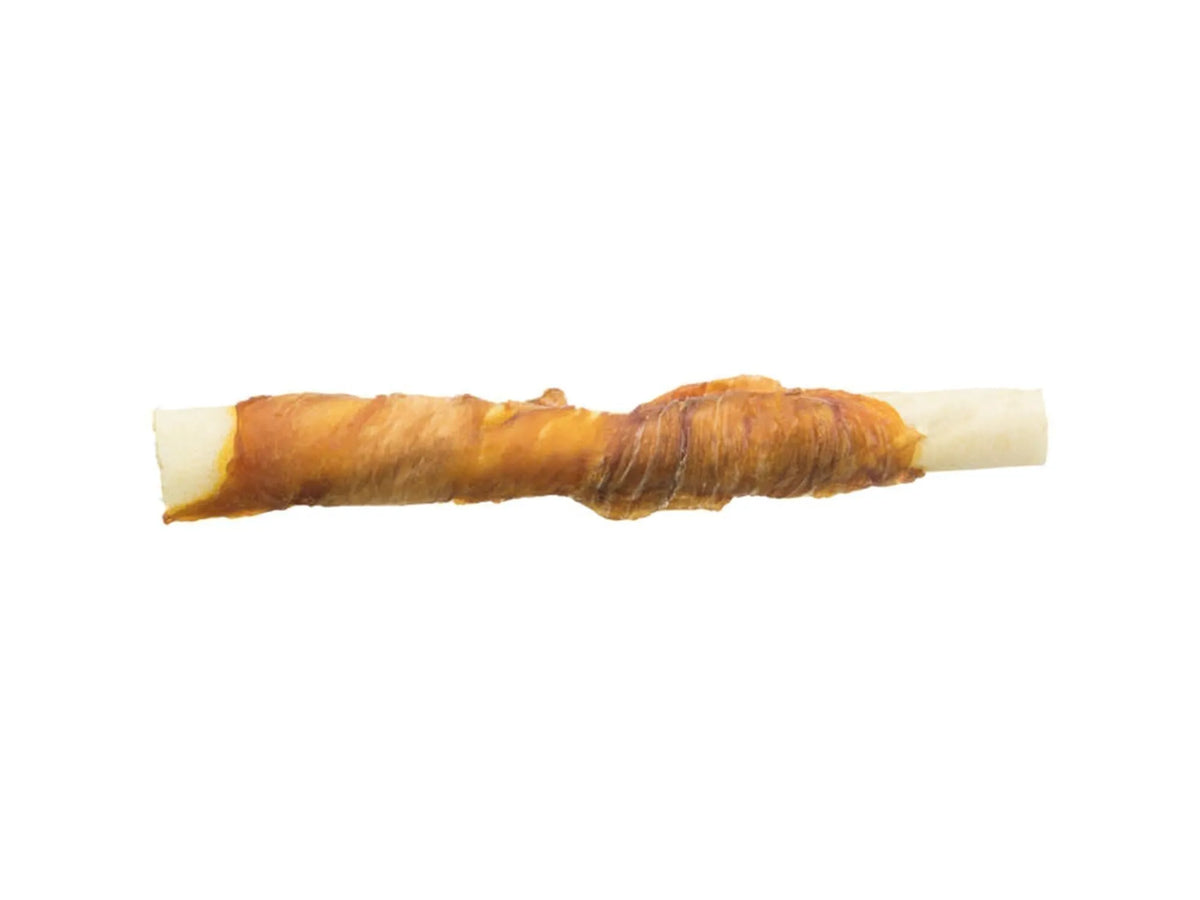 Naturlig tyggerull for hund, råhud med buffalo-smak, ca. 12 cm lang, seig konsistens.