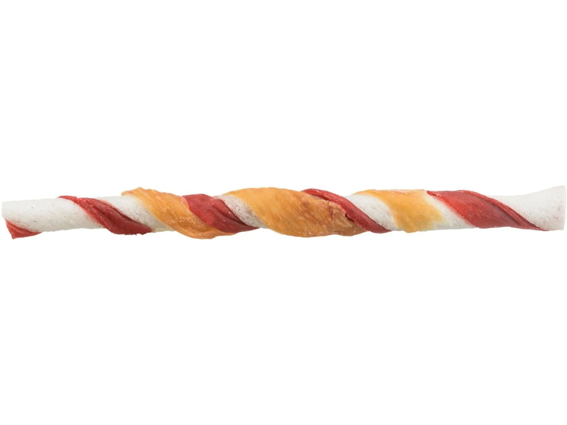 Hvit tyggerull av råhud med rød og oransje kyllingbryst-spiral, 12 cm lang.
