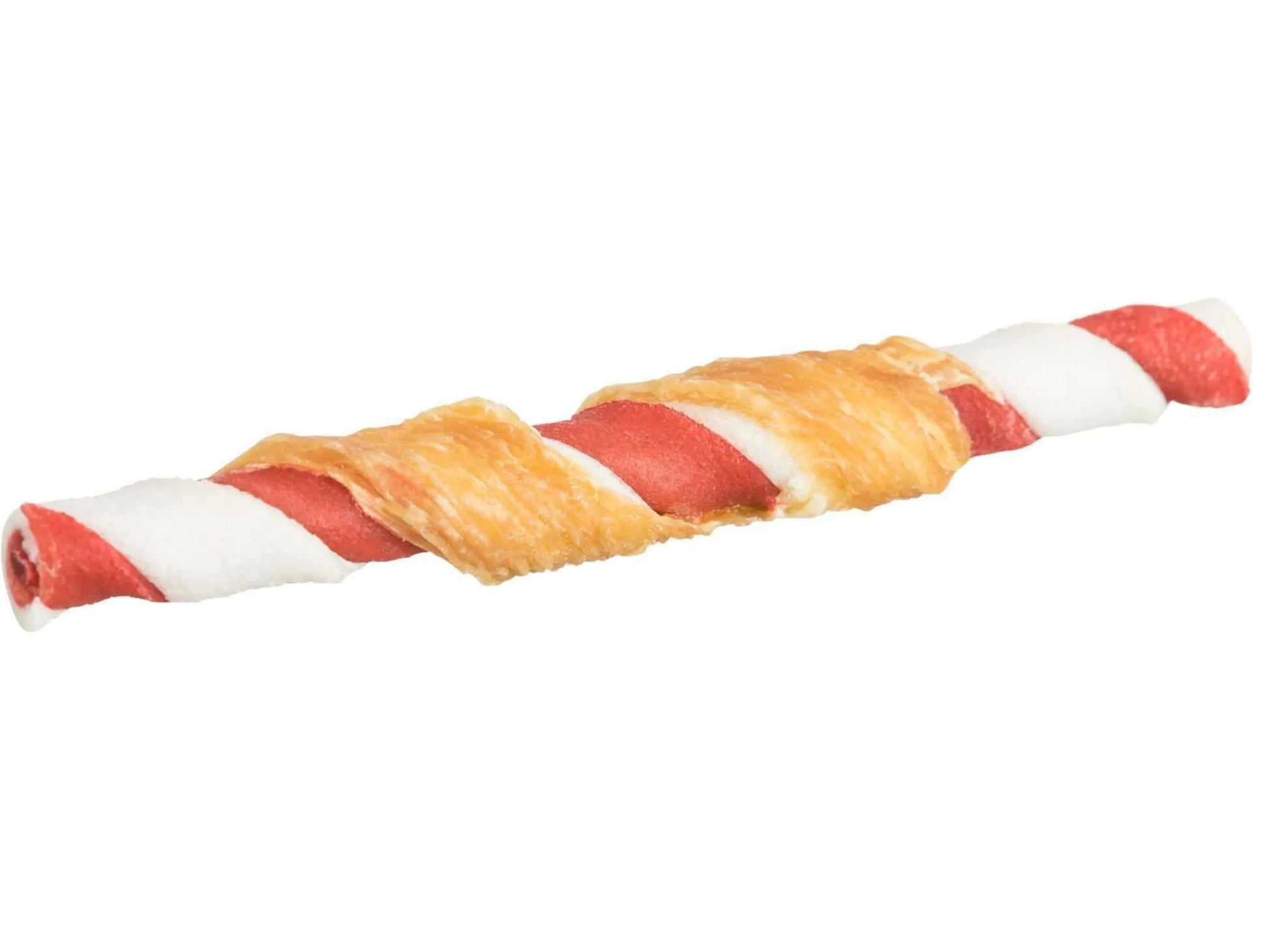 Rød og hvit tyggerull av råhud og kyllingbryst, 12 cm, med barbecue-smak.
