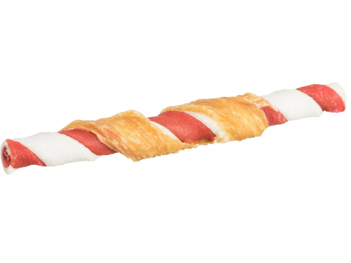 Rød og hvit tyggerull av råhud og kyllingbryst, 12 cm, med barbecue-smak.