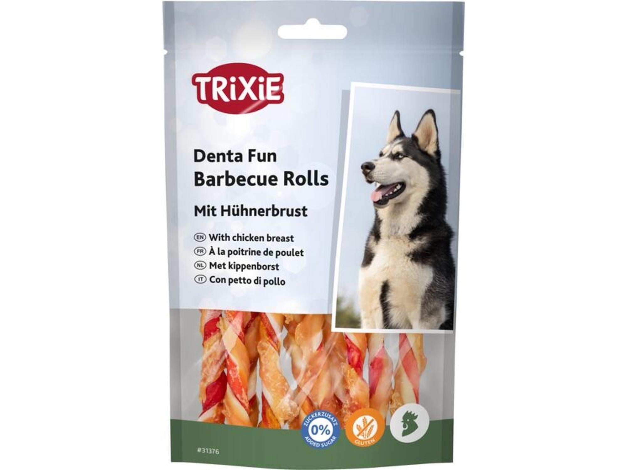 Trixie Denta Fun Barbecue Rolls med kyllingbryst, 10 stk, 12 cm, i gjennomsiktig pose med husky.