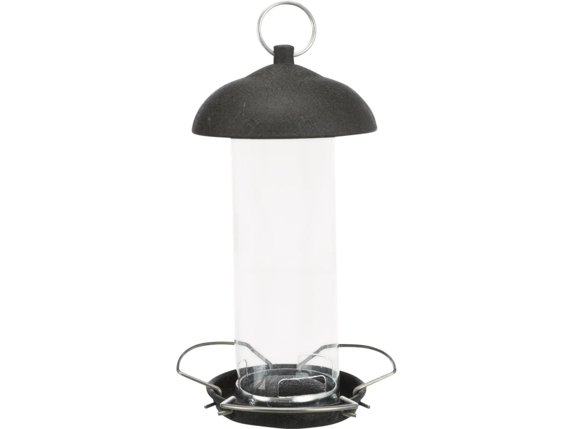 Sort fuglemater i metall og plast med gjennomsiktig beholder og 4 sitteplasser.