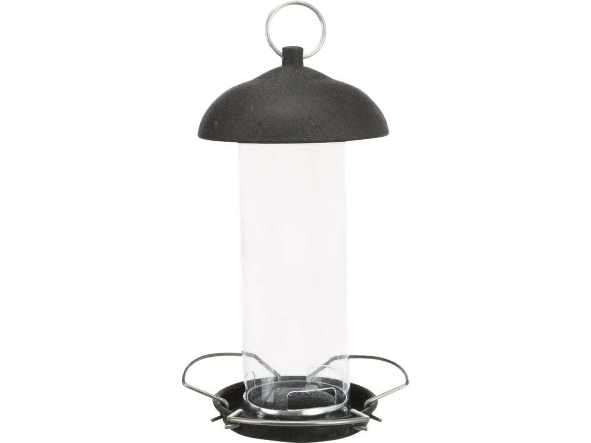 Sort fuglemater i metall og plast med gjennomsiktig beholder og 4 sitteplasser.