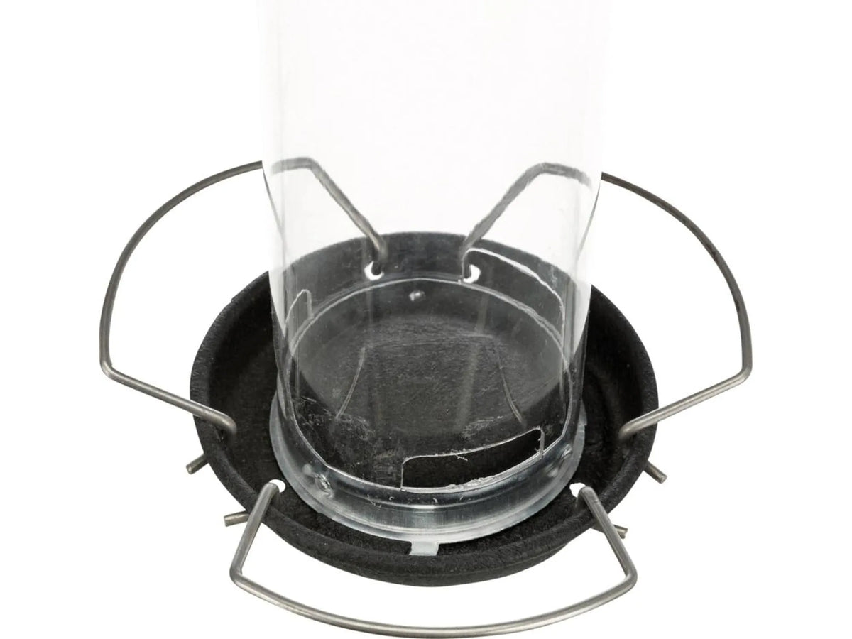 Sort fuglemater i metall og plast med gjennomsiktig beholder og fire sitteplasser.