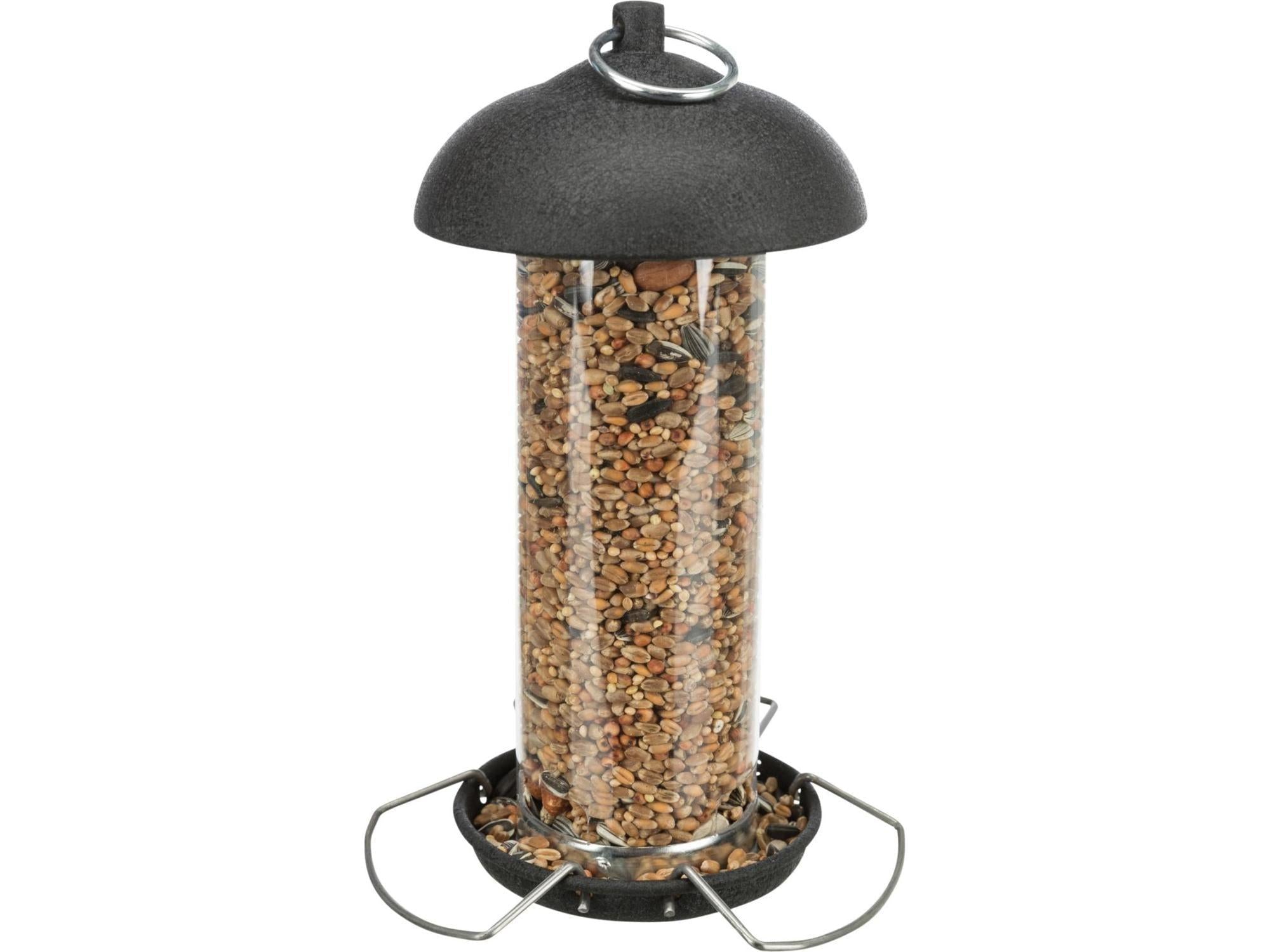 Sort fuglemater i metall/plast med gjennomsiktig beholder fylt med frø, 4 sitteplasser.