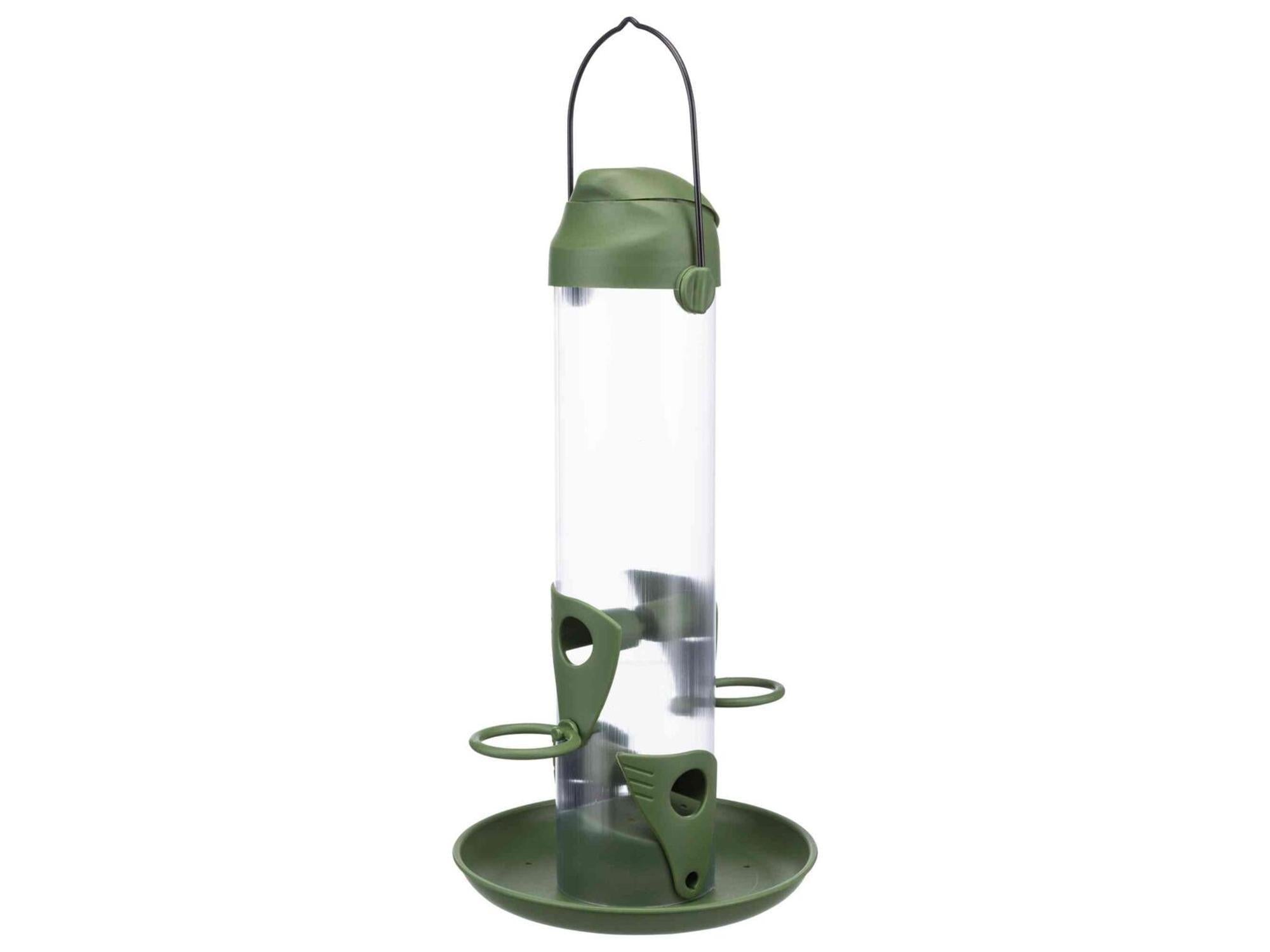 Grønn og transparent søyleformet fuglemater i plast, 750 ml, med avtagbart lokk og metallhank.