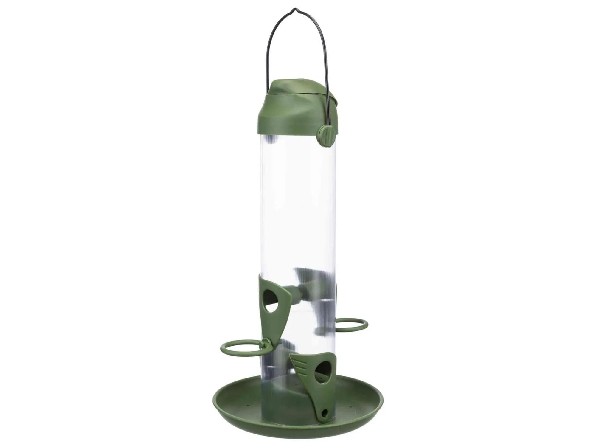 Grønn og transparent søyleformet fuglemater i plast, 750 ml, med avtagbart lokk og metallhank.