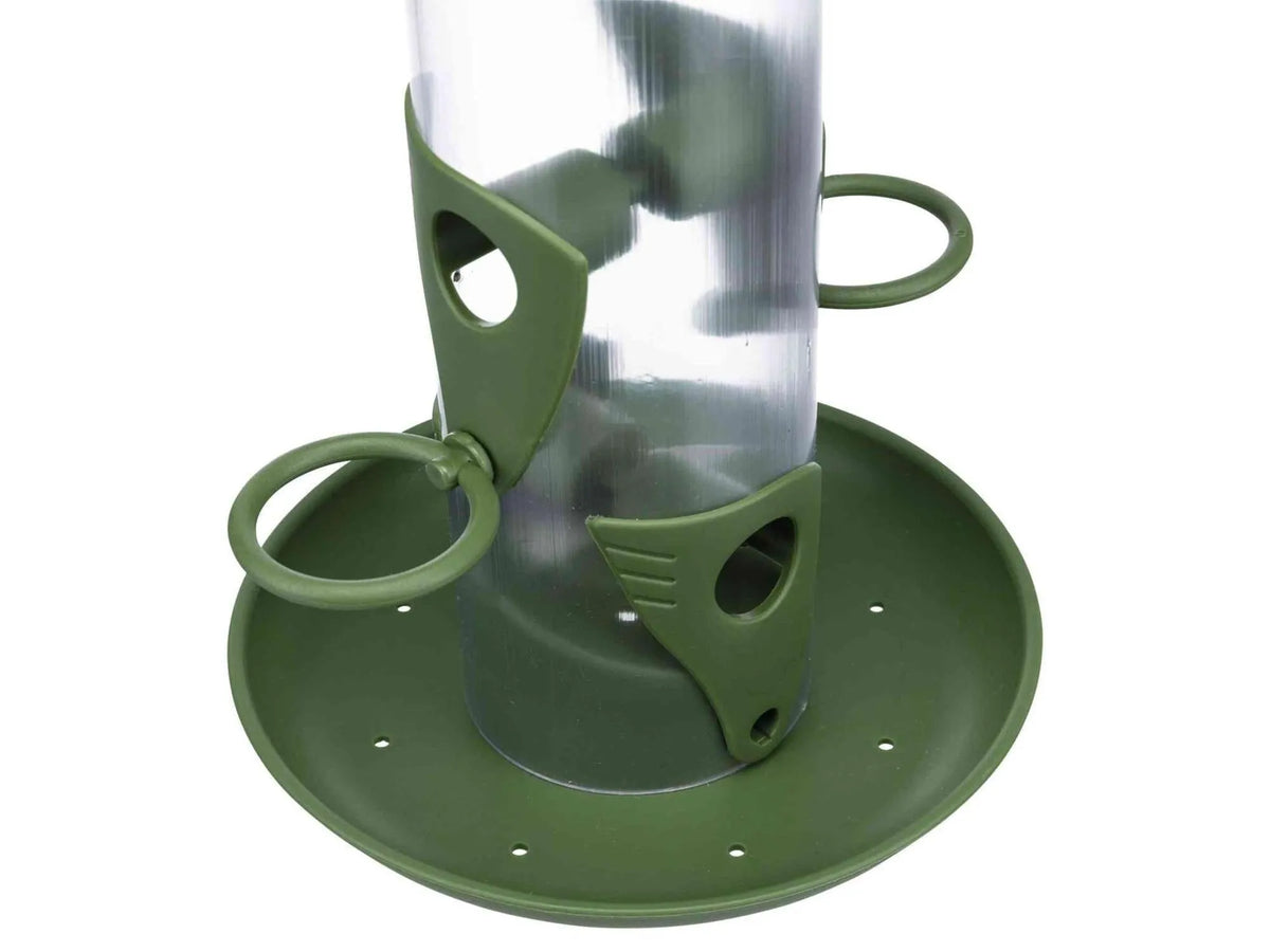 Grønn og transparent søyleformet fuglemater i plast, 750 ml, med avtagbart lokk og sittepinner.