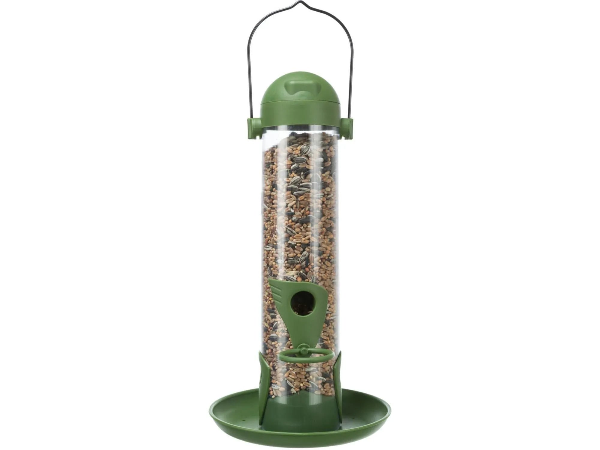 Grønn og transparent søyleformet fuglemater i plast, 29 cm, fylt med fuglefrø.