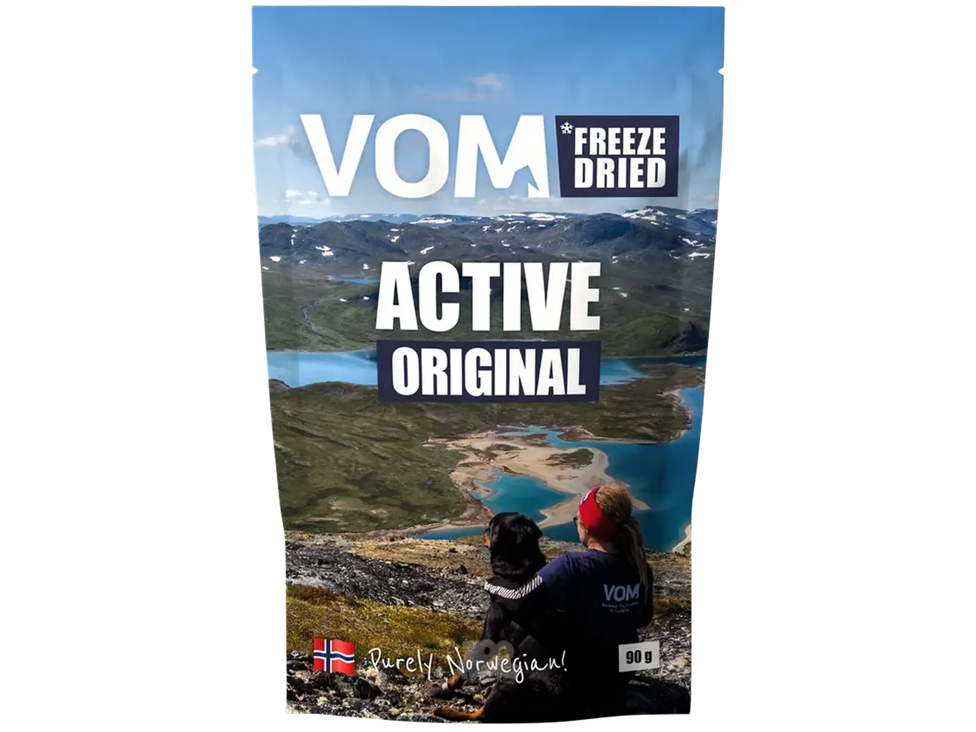 VOM Freeze Dried Active Original hundefôr i 90g pose med fjellandskap, hund og eier.