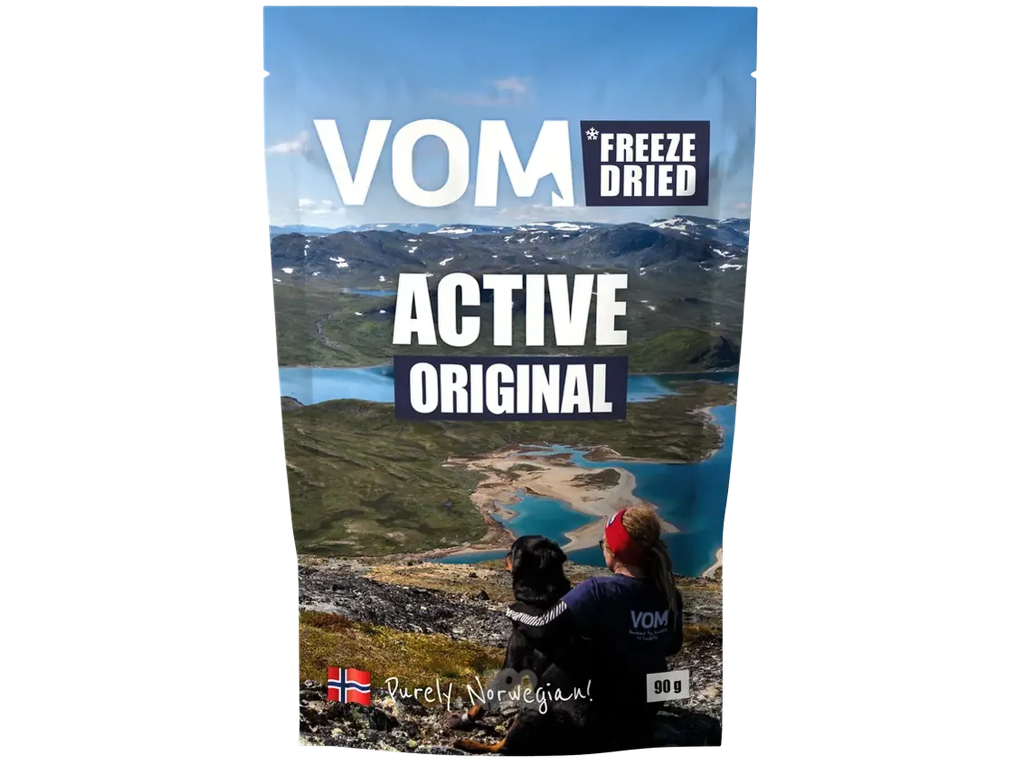 VOM Freeze Dried Active Original hundefôr i 90g pose med fjellandskap, hund og eier.