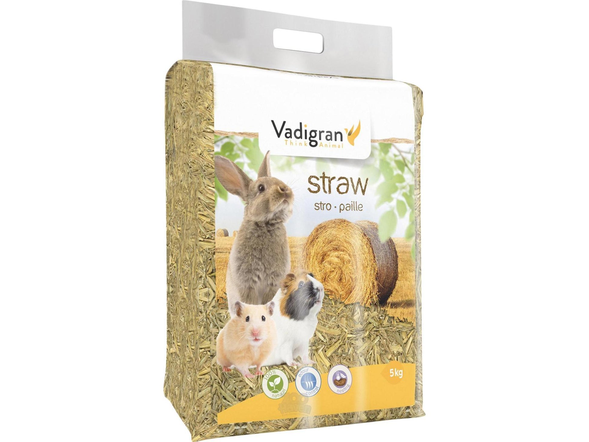 Vadigran Bedding Halm 5 kg pakke med kanin, marsvin, hamster og halmballer.