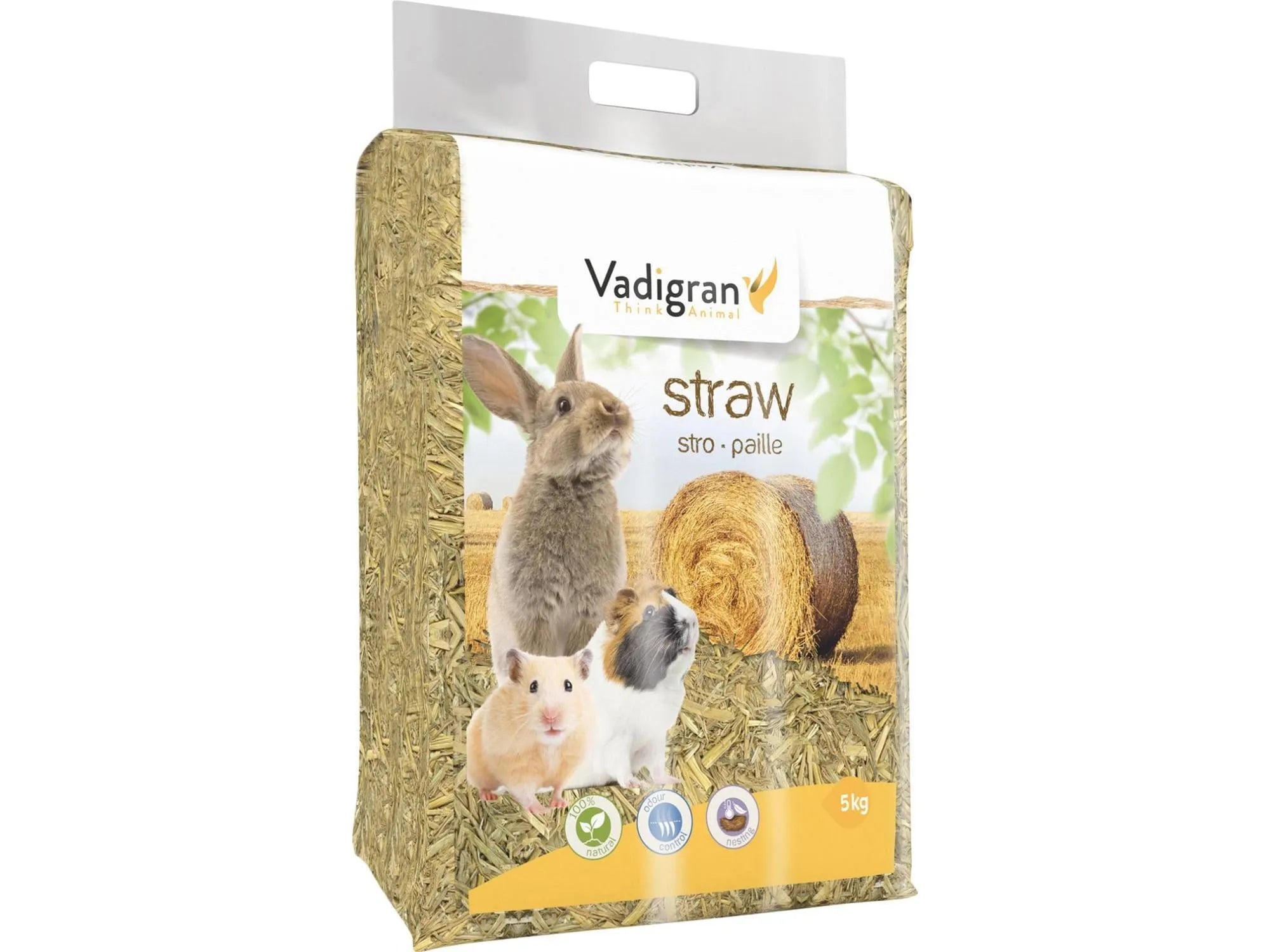Vadigran Bedding Halm 5 kg pakke med kanin, marsvin, hamster og halmballer.