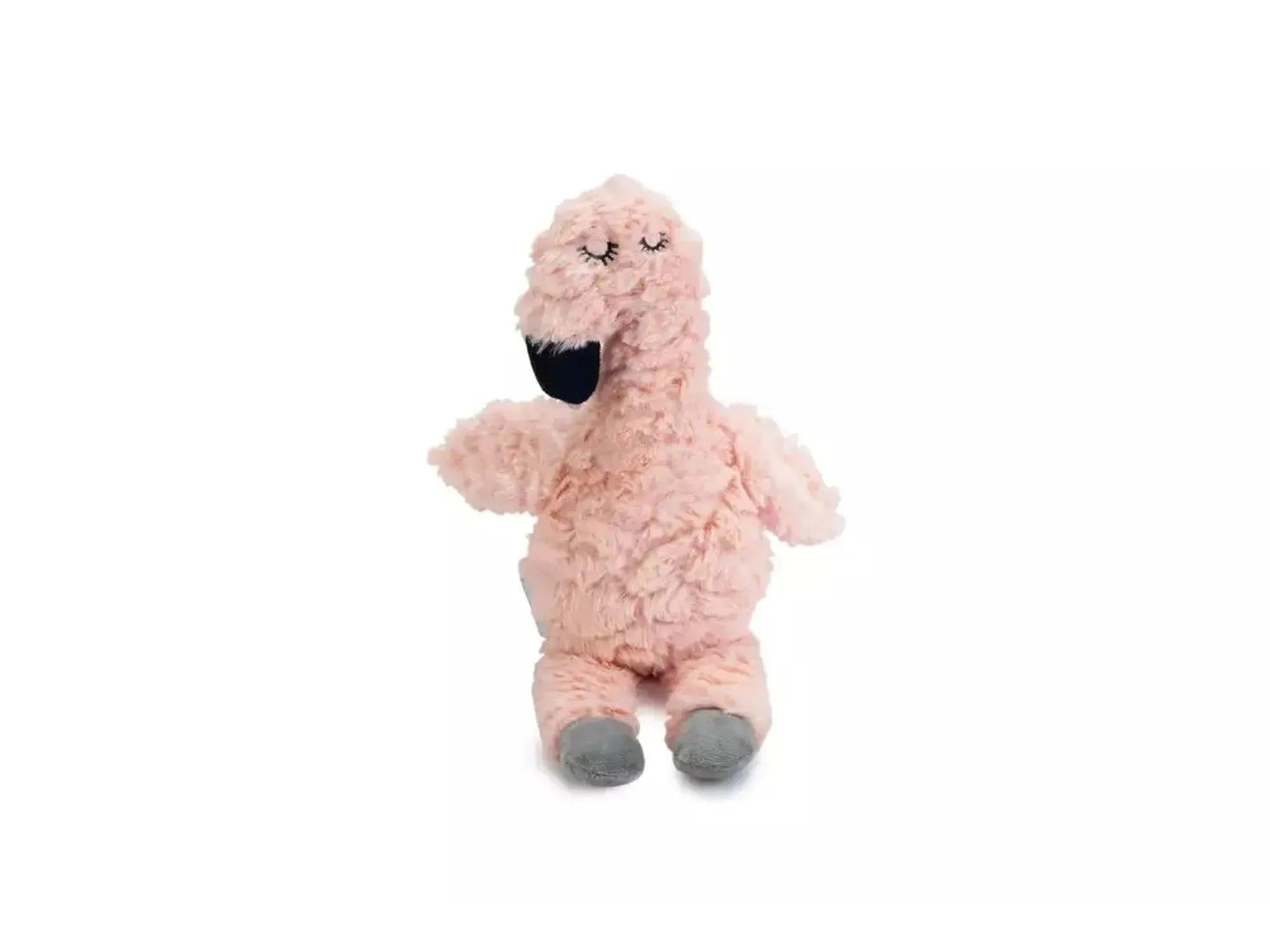 Myk, rosa flamingo kosedyr med lukkede øyne og mørkt nebb, ca. 30 cm, for valper.