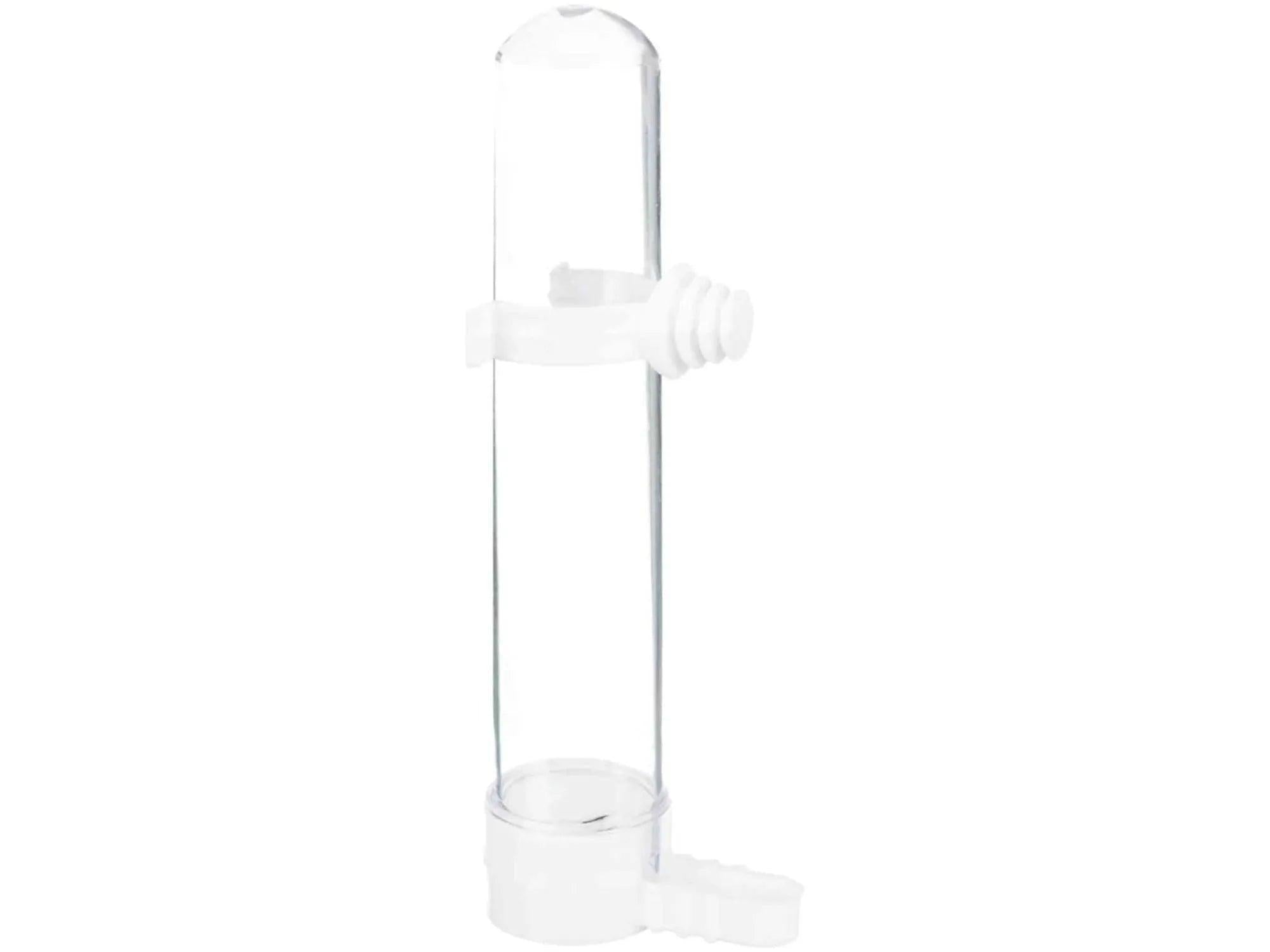 Kompakt, gjennomsiktig vannautomat i plast for fuglebur, 65ml, med hvit tut og feste.