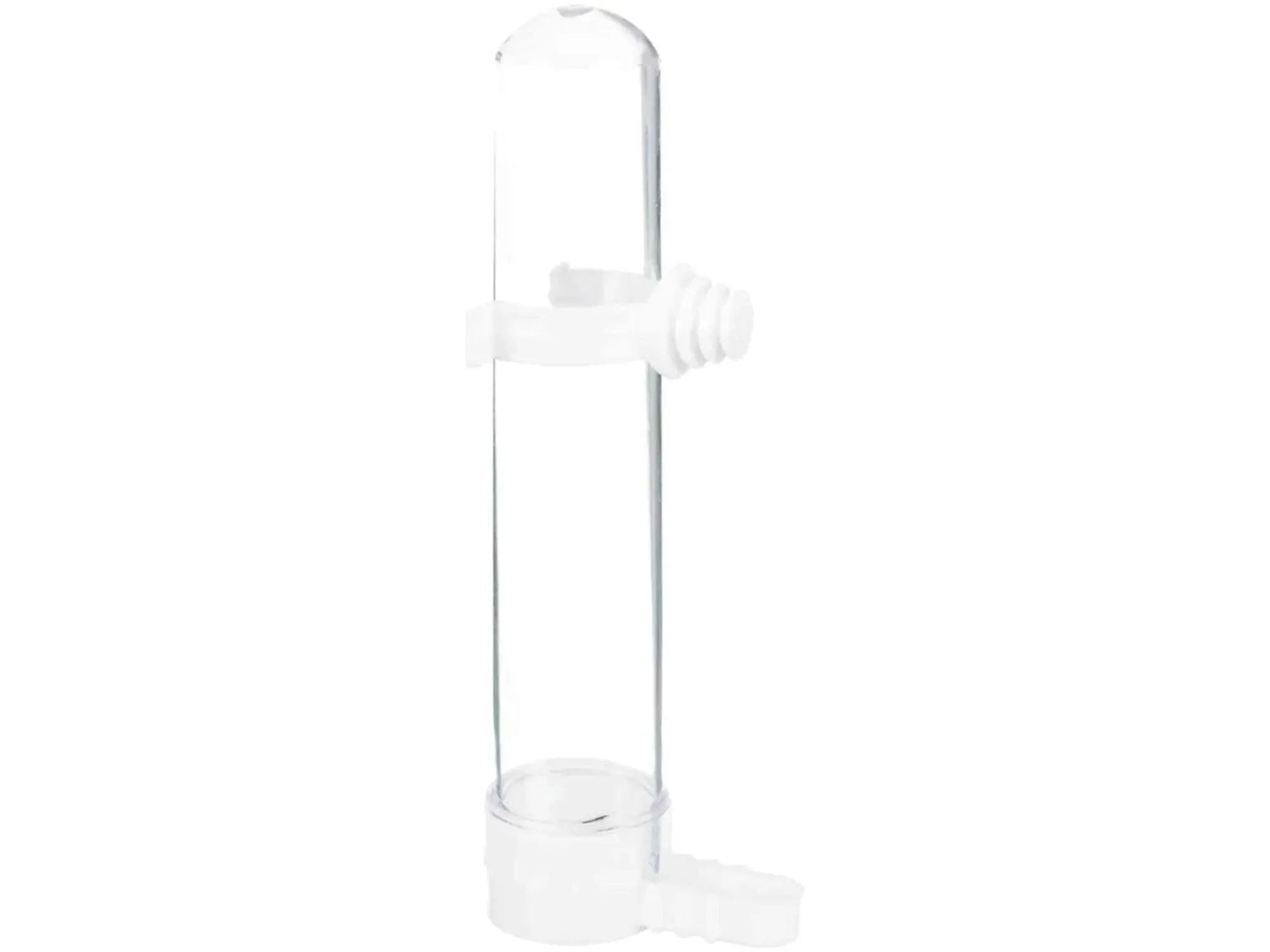 Kompakt, gjennomsiktig vannautomat i plast for fuglebur, 65ml, med hvit tut og feste.
