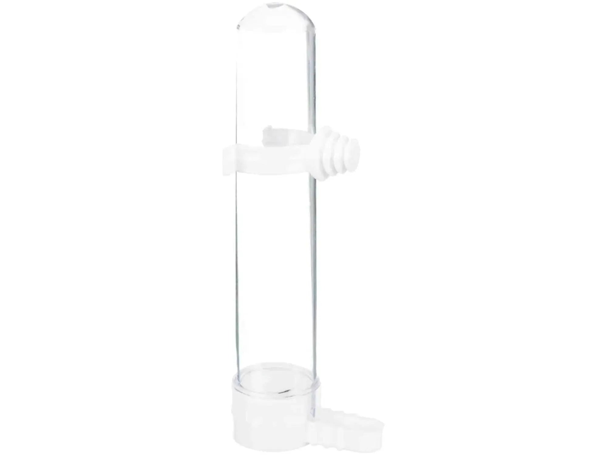 Kompakt, gjennomsiktig vannautomat i plast for fuglebur, 65ml, med hvit tut og feste.