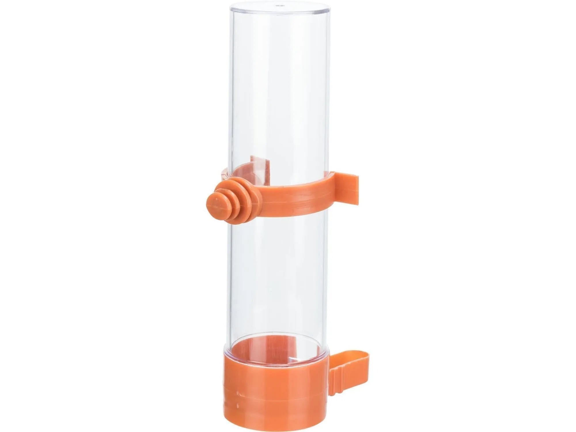 Klar plast vannautomat for burfugl, 130ml, med oransje feste og drikketut.